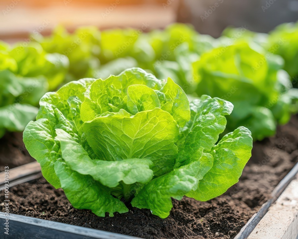 Organic lettuce growing in soil under energy-efficient lighting in a smart indoor farm, symbolizing sustainable food production Organic lettuce growing in soil under energy-efficient lighting in a smart indoor farm, symbolizing sustainable food production