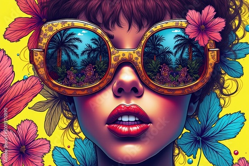 Tropical reflection in sunglasses: vibrant floral and palm tree imagery.