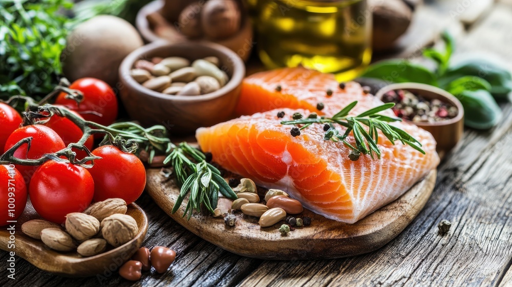 A wooden cutting board with a variety of food items including salmon, tomatoes A wooden cutting board with a variety of food items including salmon, tomatoes
