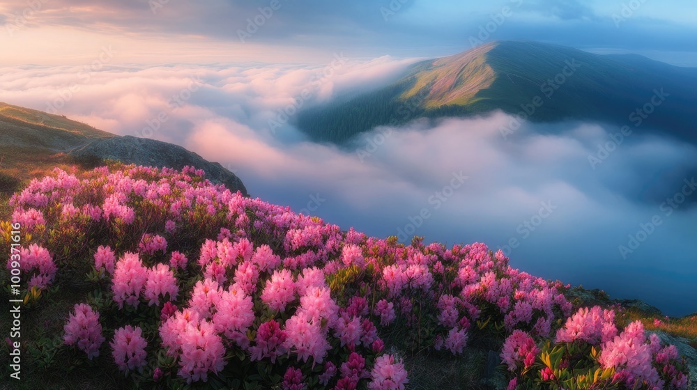 A field of pink flowers sits atop a lush green hillside, perfect for capturing serene landscapes or romantic occasions A field of pink flowers sits atop a lush green hillside, perfect for capturing serene landscapes or romantic occasions