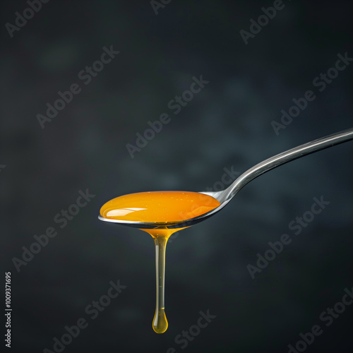 A close-up of a silver spoon holding a glossy, golden liquid, with a droplet hanging from the tip. The background is dark and blurred, emphasizing the spoon and its contents.