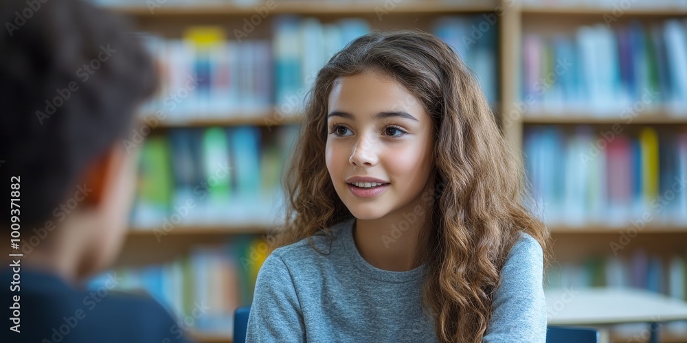 Teacher counselling a young student in a school library, Generative AI Teacher counselling a young student in a school library, Generative AI