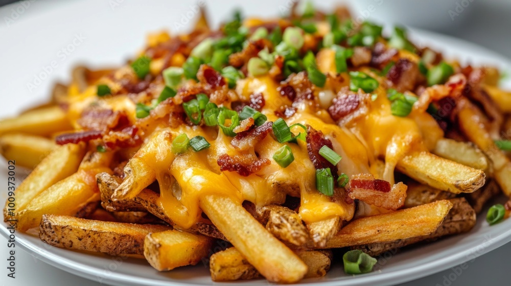 Delicious Cheesy Bacon Fries with Fresh Green Onions Delicious Cheesy Bacon Fries with Fresh Green Onions
