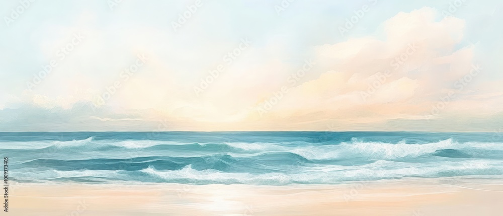 Obraz premium Design a calming ocean view wallpaper with soft waves and a pastel sky, creating a tranquil beach atmosphere. 
