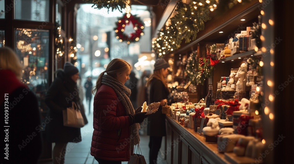 the festive atmosphere of a Christmas market, showcasing the lively scene of shoppers exploring the various vendor stalls and surrounded by twinkling lights and holiday decorations. the festive atmosphere of a Christmas market, showcasing the lively scene of shoppers exploring the various vendor stalls and surrounded by twinkling lights and holiday decorations.