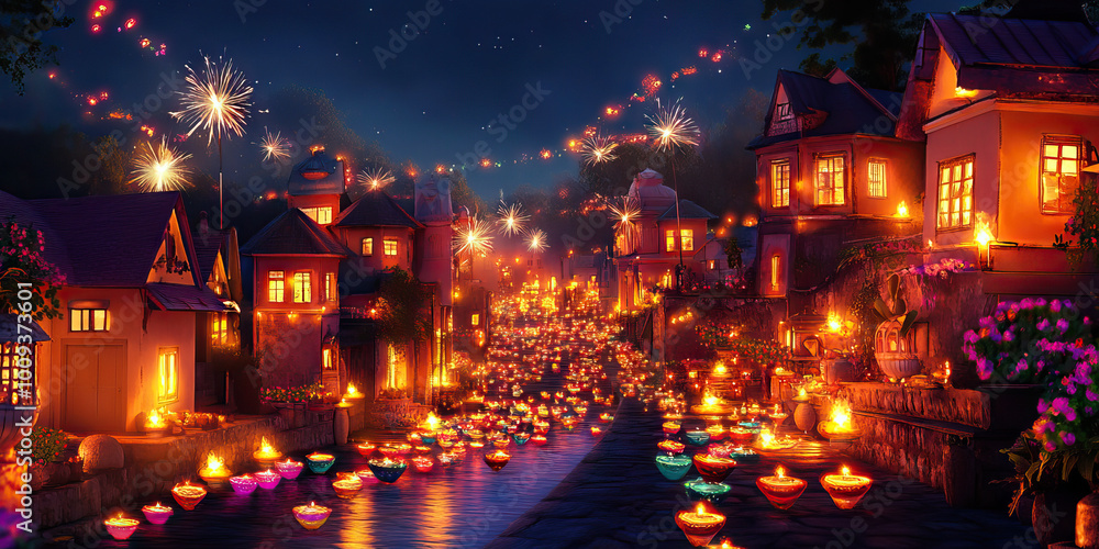 Obraz premium A joyful celebration of Diwali, India's Festival of Lights, with colorful lanterns and sparklers adorning homes and streets.