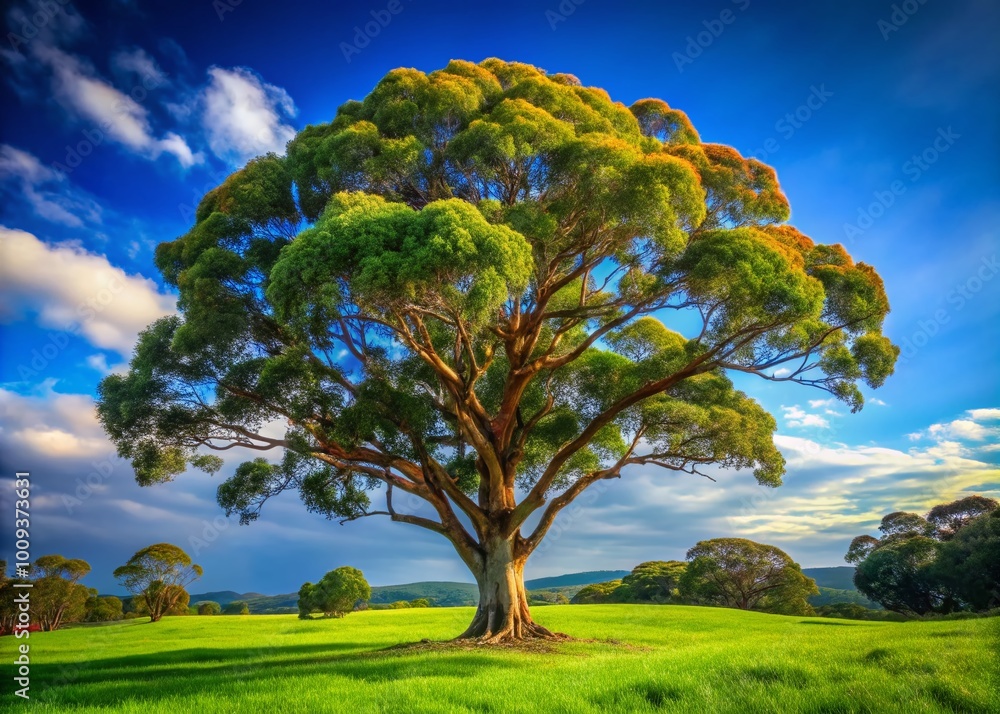 Fototapeta premium Majestic Ironbark Tree in Lush Green Landscape Under Clear Blue Sky Capturing Nature's Beauty