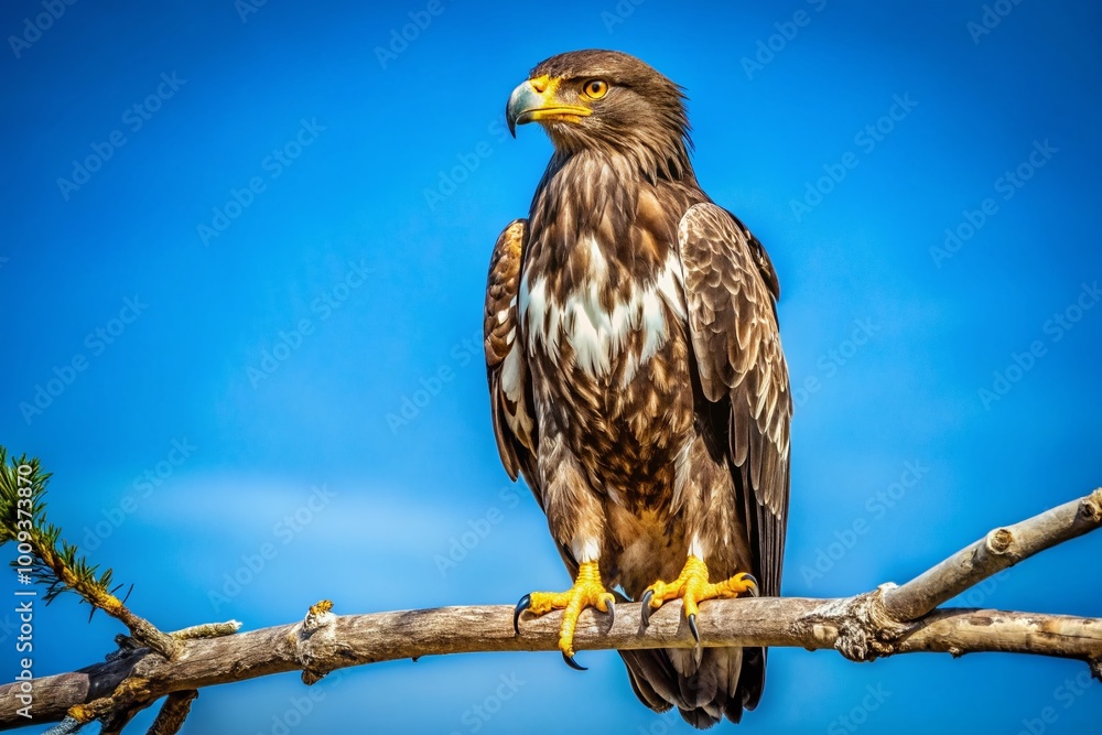 Majestic Juvenile Bald Eagle Perched on a Tree Branch Against a Clear Blue Sky in Nature's Habitat Majestic Juvenile Bald Eagle Perched on a Tree Branch Against a Clear Blue Sky in Nature's Habitat