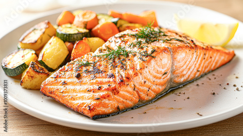 A plate of food with a piece of salmon, carrots, and zucchini