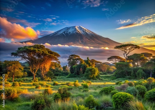 Majestic Kilimanjaro Mountain Landscape at Sunrise with Lush Greenery and Clear Blue Skies