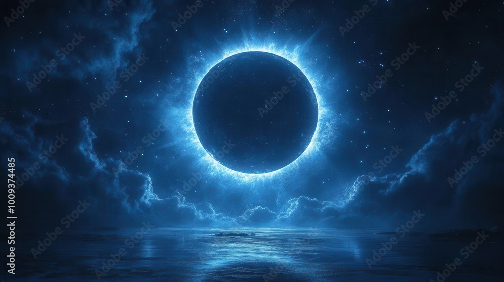 realistic solar eclipse illustration depicting the moon perfectly covering the sun surrounded by a striking halo of light against a starry sky capturing the awe of this astronomical event realistic solar eclipse illustration depicting the moon perfectly covering the sun surrounded by a striking halo of light against a starry sky capturing the awe of this astronomical event