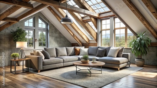 Cozy Grey Living Room in Attic with Plush Furnishings