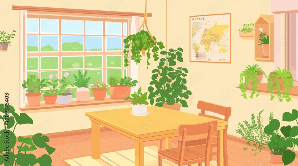 Cozy botanical dining room interior with verdant spring plants Cozy botanical dining room interior with verdant spring plants