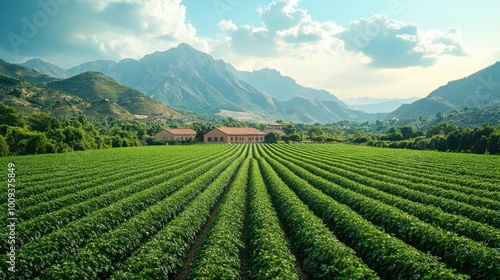 Vast Lush Green Farm with Mountainous Backdrop in Sunny Weather