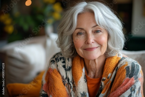 Beautiful senior woman smiling at the camera at home, Generative AI