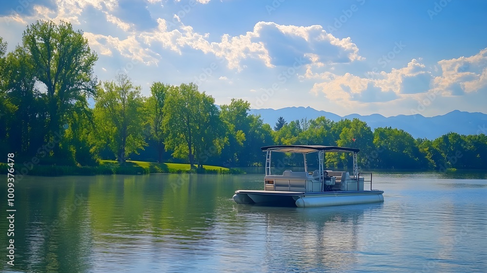 Modern pontoon boat on a calm lake with lush trees and mountains in the distance, serene scene Modern pontoon boat on a calm lake with lush trees and mountains in the distance, serene scene