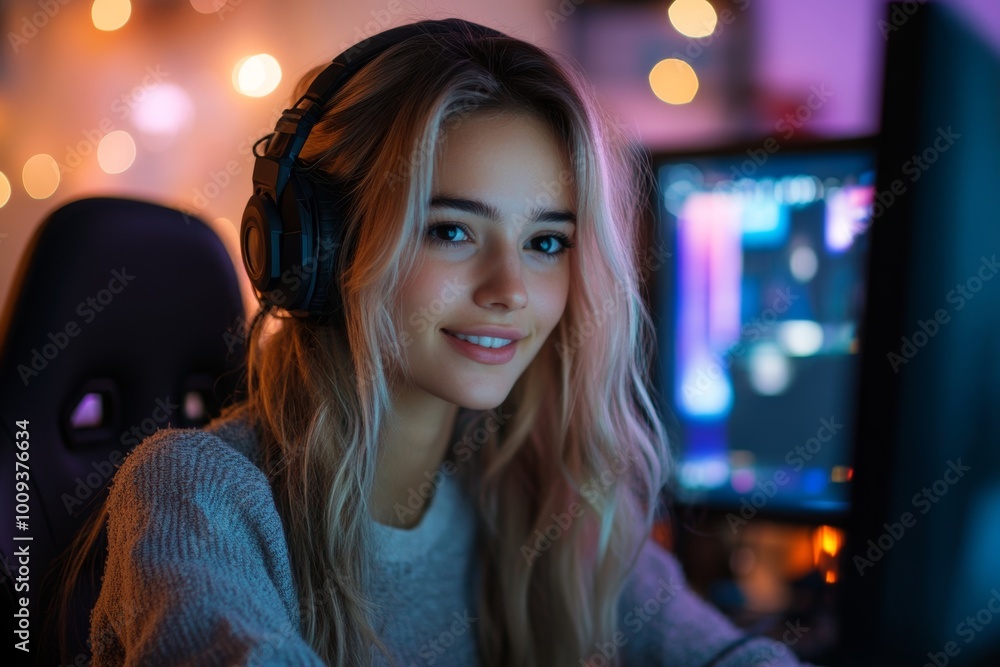 Young female vlogger editing her vlog on computer, Generative AI Young female vlogger editing her vlog on computer, Generative AI