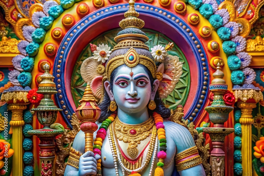 Majestic Lord Rama Sculpture Surrounded by Intricate Traditional Indian Artwork and Vibrant Colors Majestic Lord Rama Sculpture Surrounded by Intricate Traditional Indian Artwork and Vibrant Colors