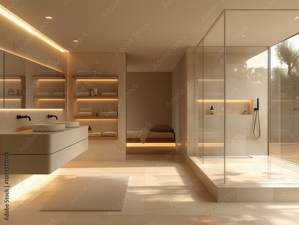 Fototapeta premium Minimalist bathroom with sleek floating vanity