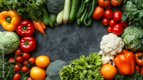 A frame of fresh vegetables like red bell peppers, broccoli, cauliflower, cucumbers, lettuce, and tomatoes on a dark background. photo