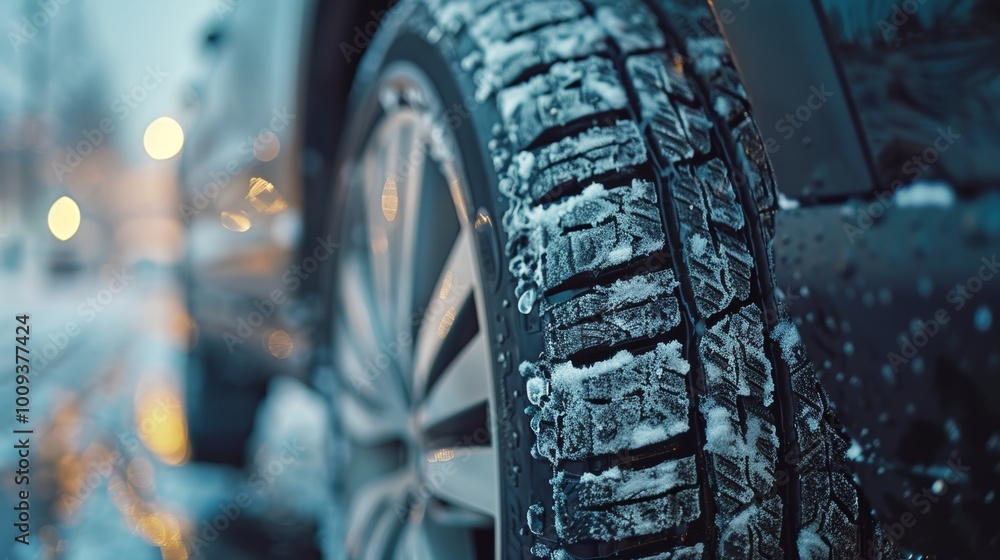 Close up of car tires leaving deep tread marks on a snowy, icy road during winter conditions Close up of car tires leaving deep tread marks on a snowy, icy road during winter conditions