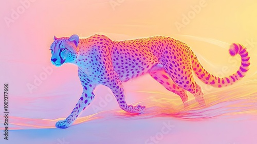 A vibrant, abstract depiction of a cheetah in motion, showcasing a blend of colors and dynamic shapes. photo