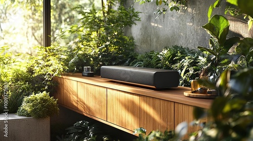 A stylish soundbar placed on a wooden surface surrounded by lush green plants, blending technology with nature.