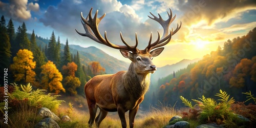 Majestic Megaloceros: The Extinct Giant Deer of Prehistoric Europe in Natural Habitat Illustration photo