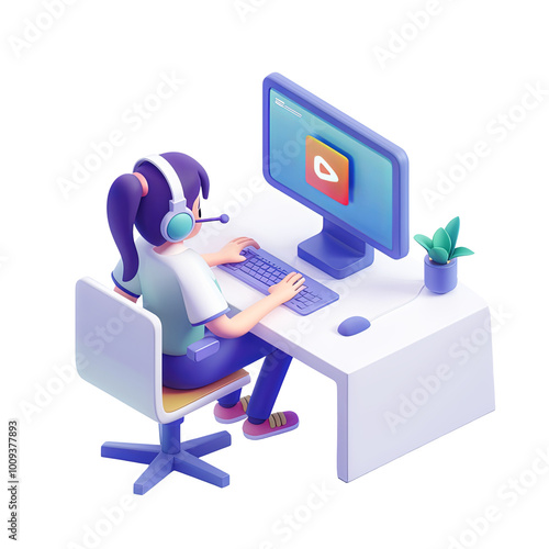 3D of a student studying online watching video tutorials with headphones eLearning concept online education concept internet technology concept modern education concept