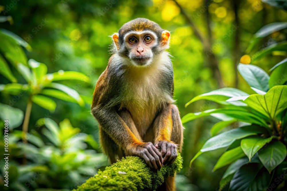 Majestic Monkey Sitting on a Tree Branch in a Lush Green Jungle Habitat Under Bright Sunlight Majestic Monkey Sitting on a Tree Branch in a Lush Green Jungle Habitat Under Bright Sunlight