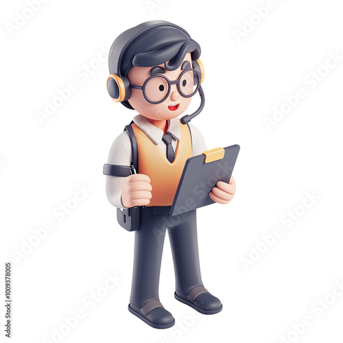 3D Customer Service Agent Character With Headset Holding Clipboard Online Assistance Concept Isolated On White Background PNG