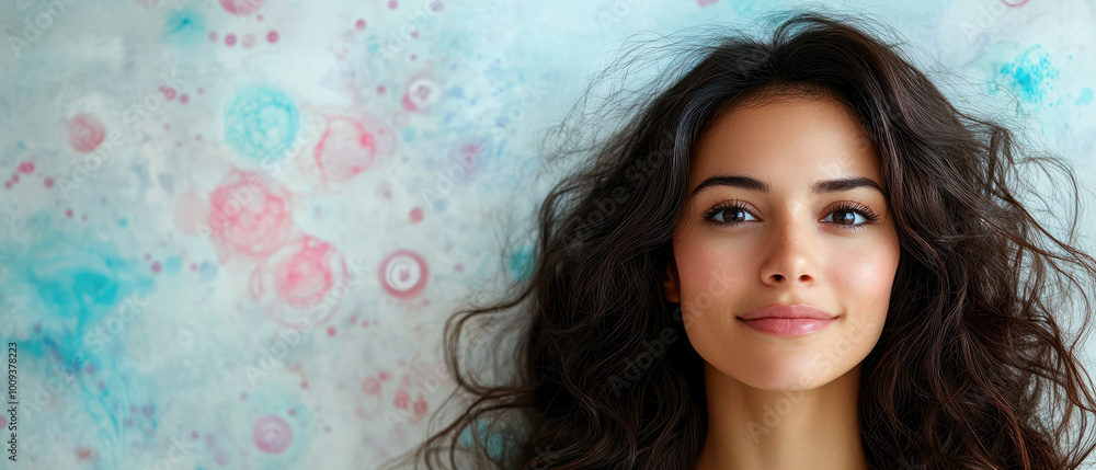 woman with curly hair smiles against colorful abstract background, radiating joy and confidence. woman with curly hair smiles against colorful abstract background, radiating joy and confidence.