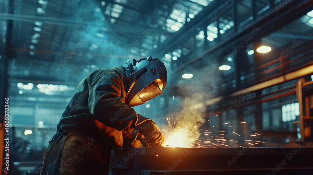 A welder in protective gear is skillfully repairing metal, surrounded by a smoky industrial environment, sparks flying as they work tirelessly A welder in protective gear is skillfully repairing metal, surrounded by a smoky industrial environment, sparks flying as they work tirelessly