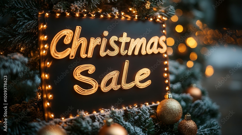 Brightly lit Christmas sale sign adorned with decorations in a festive winter setting Brightly lit Christmas sale sign adorned with decorations in a festive winter setting