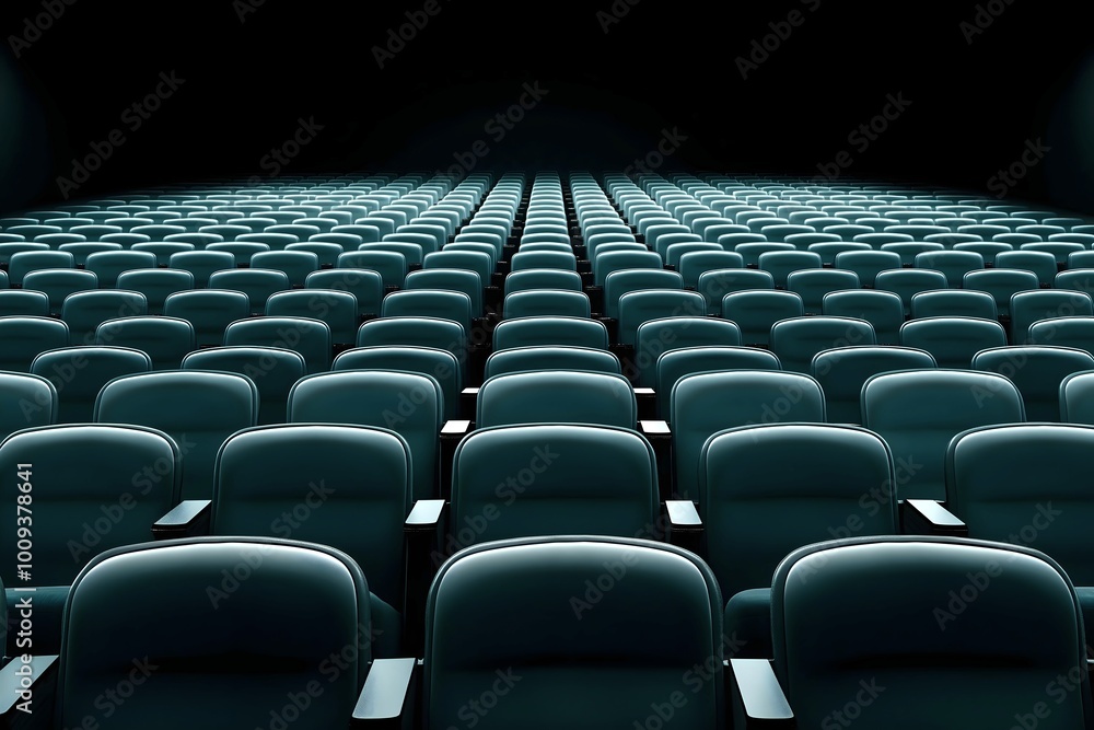 Fototapeta premium Empty vintage cinema theater, green seats illuminated by a soft, mysterious light, rows of chairs neatly aligned, create a pattern.