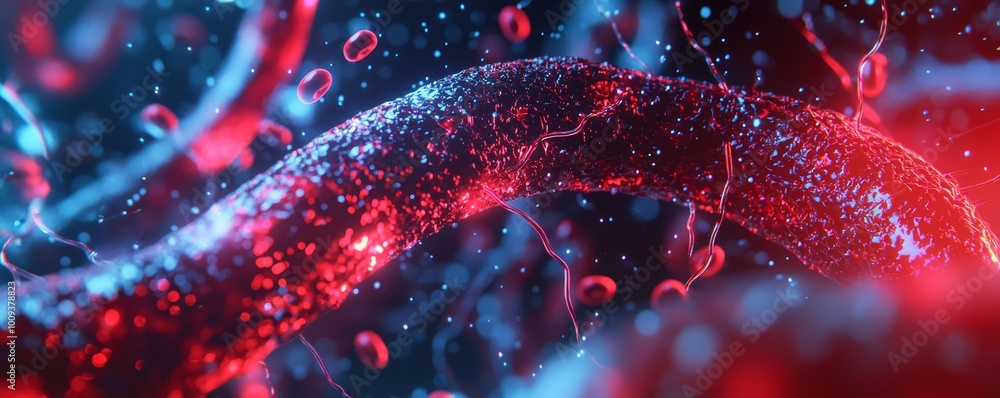 A close-up 3D rendering of red blood cells traveling through capillaries, with oxygen molecules glowing as they are delivered to tissues. A close-up 3D rendering of red blood cells traveling through capillaries, with oxygen molecules glowing as they are delivered to tissues.