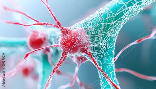 A close-up 3D rendering of the lymph nodes under the armpit, with lymph vessels running along the ribs and connecting to the central thoracic duct. photo