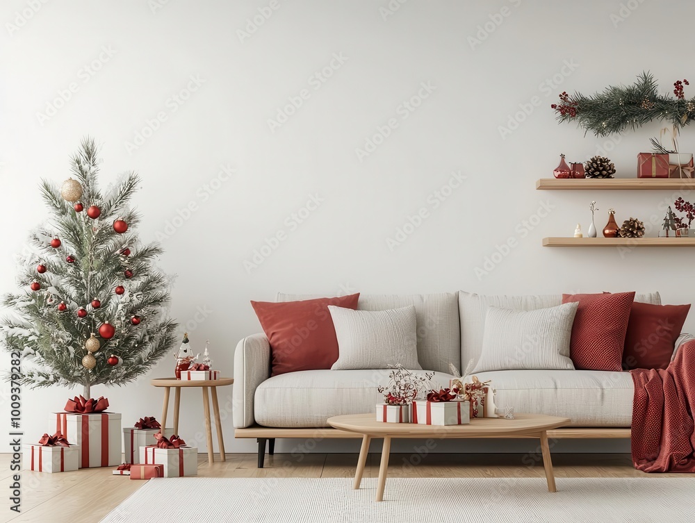 Classic red and green Christmas decor in a family living room, 3D illustration Classic red and green Christmas decor in a family living room, 3D illustration