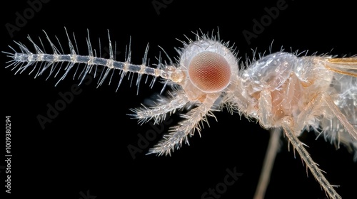 A close-up view of the mosquitos proboscis, highlighting the sharp, needle-like structure it uses for feeding, with its complex mouthparts visible. photo