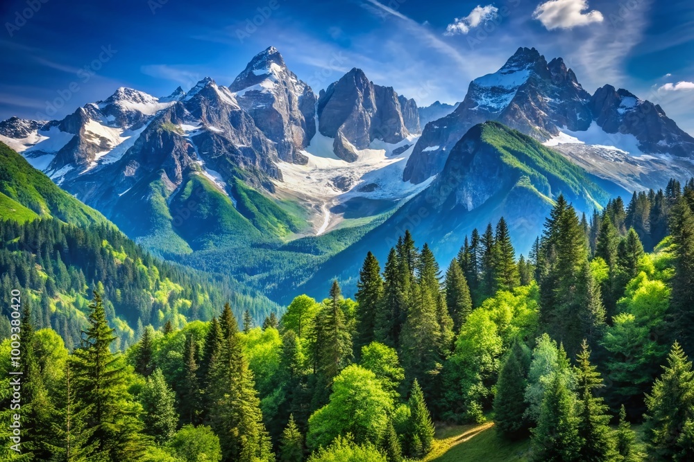 Fototapeta premium Majestic Mountain Peaks Surrounded by Lush Green Forest Under a Clear Blue Sky in Nature's Beauty