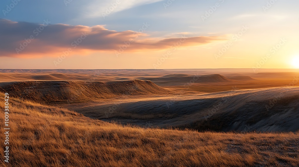 Golden sunset illuminates rolling hills of a vast grassy plain. Golden sunset illuminates rolling hills of a vast grassy plain.