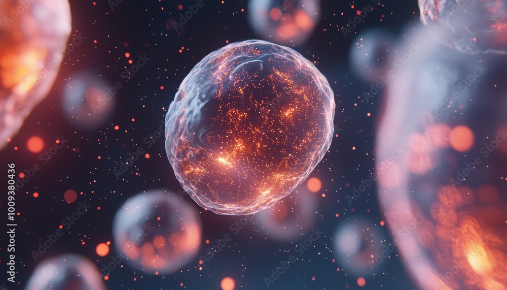 A cluster of human cells rendered in 3D, with translucent membranes and glowing internal structures, floating under a microscope in a lab setting. A cluster of human cells rendered in 3D, with translucent membranes and glowing internal structures, floating under a microscope in a lab setting.