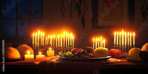 A cozy candlelit dinner during Hanukkah, celebrating the Jewish Festival of Lights with golden menorahs and warm amber glow. photo