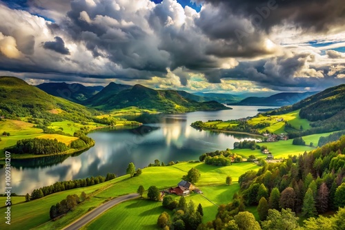 Majestic Northern Europe Landscape with Lush Green Hills, Serene Lakes, and Dramatic Cloudy Skies