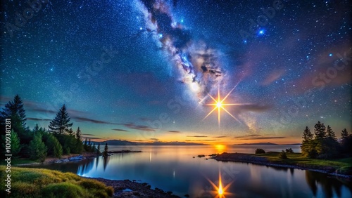 Majestic Northern Star Glowing Brightly in the Clear Night Sky Over a Serene Landscape Scene photo