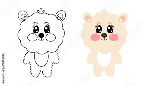 Cute outline kawaii sheep, alpaca, lamb, ewe of  full height. Coloring page illustration for printable children's and adults coloring book