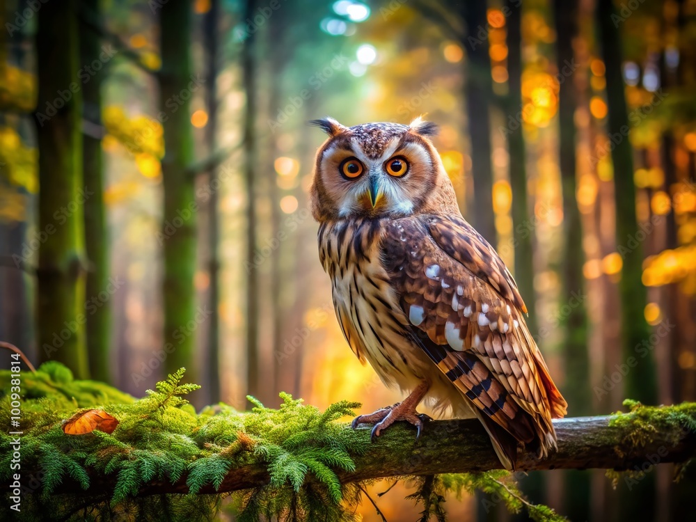 Majestic Owl Perched on a Branch in a Mystical Forest Setting with Enchanting Atmosphere Majestic Owl Perched on a Branch in a Mystical Forest Setting with Enchanting Atmosphere