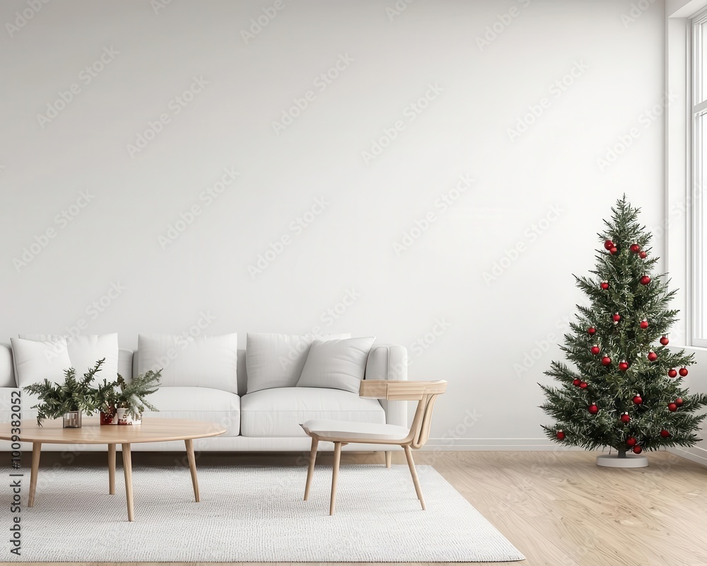 Open-concept living and dining area with subtle Christmas accents, modern holiday style, 3D illustration Open-concept living and dining area with subtle Christmas accents, modern holiday style, 3D illustration