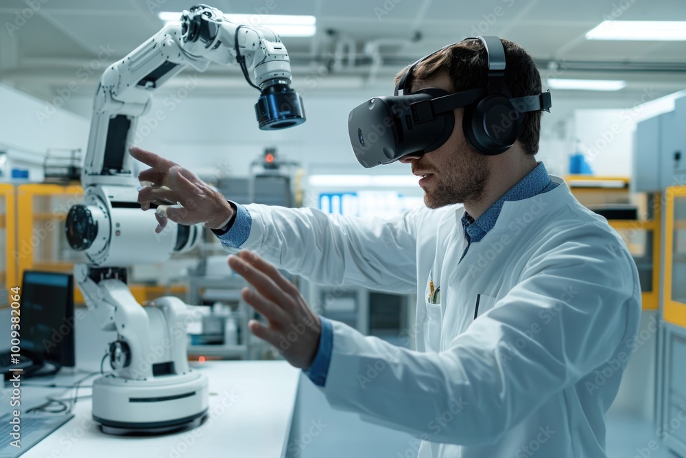 A scientist uses a robotic arm in a laboratory setting, possibly for research or development purposes A scientist uses a robotic arm in a laboratory setting, possibly for research or development purposes