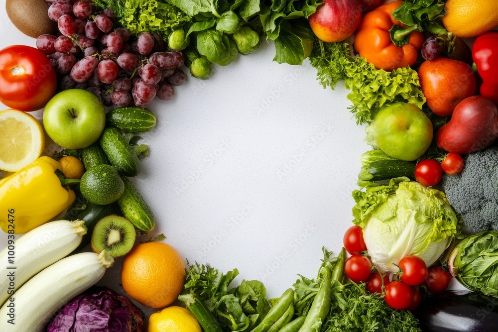 A vibrant assortment of fresh vegetables and fruits forming a circular border, photorealistic style, lively and celebratory feel, high-quality photography, promotional genre A vibrant assortment of fresh vegetables and fruits forming a circular border, photorealistic style, lively and celebratory feel, high-quality photography, promotional genre